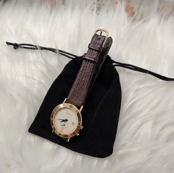 Vintage 90's Gucci 3800 Jr Wristwatch, 18k Gold Plated, Lizard Calf Band 5/8R, - Picture 3 of 16